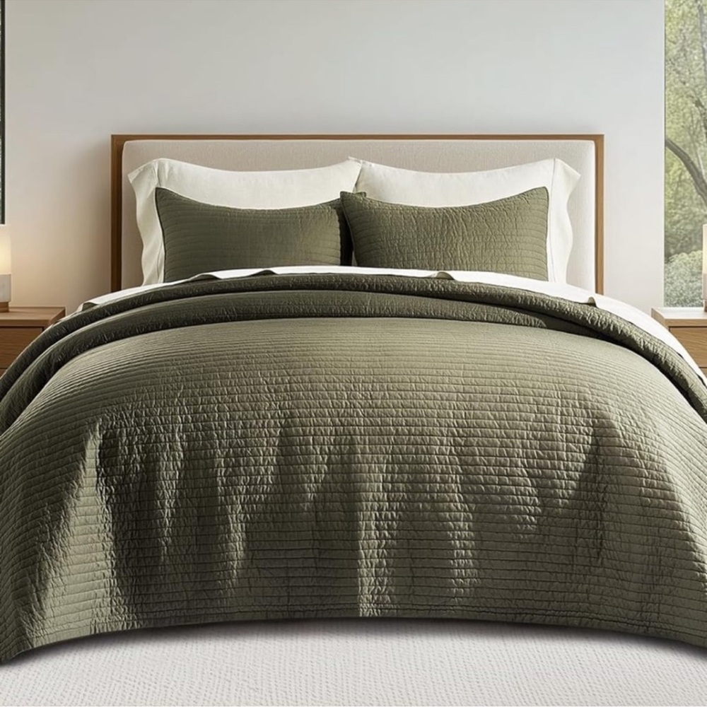 🆕 PB Style Quilt Set Olive Green Sateen Cotton Channel Queen 3 Piece Bedding NEW - Picture 7 of 10